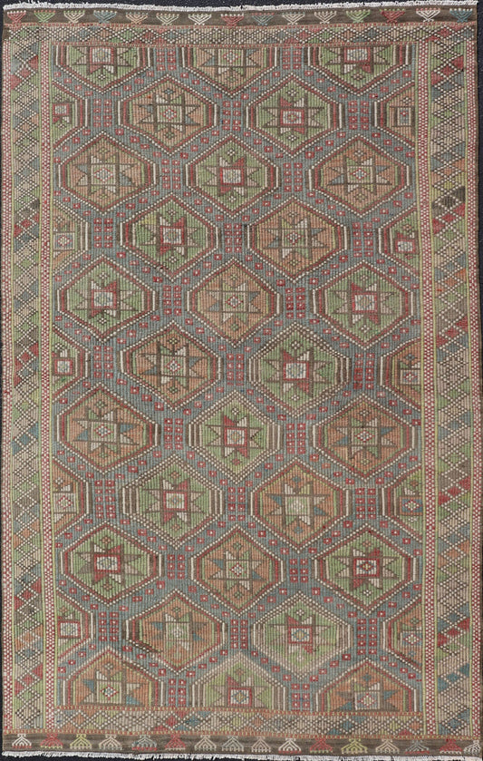 Colorful Vintage Turkish Flat - Weave Tribal Motif Kilim with Embroideries Colorful Vintage Turkish Flat - Weave Tribal Motif Kilim with Embroideries. Keivan Woven Arts / rug /EN - 178922 Mid - 20th Century This Embroidered kilim rug from Turkey... - Keivan Woven ArtsEN - 178922 - 17538
