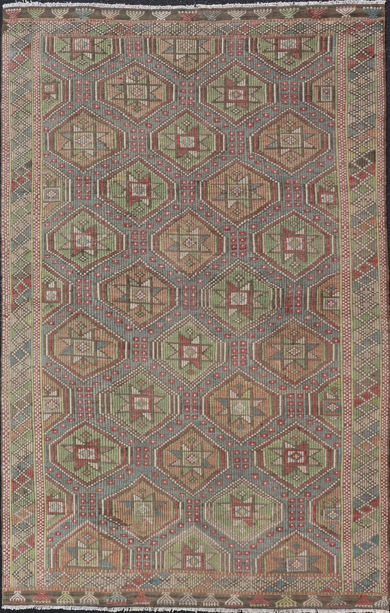 Colorful Vintage Turkish Flat - Weave Tribal Motif Kilim with Embroideries Colorful Vintage Turkish Flat - Weave Tribal Motif Kilim with Embroideries. Keivan Woven Arts / rug /EN - 178922 Mid - 20th Century This Embroidered kilim rug from Turkey... - Keivan Woven ArtsEN - 178922 - 17538Rug
