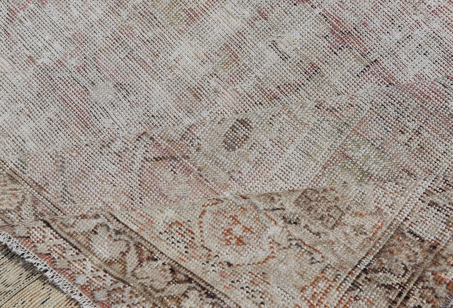 Distressed Antique Hand - Knotted Persian Mahal Rug in Wool in Neutral Tones This antique Persian Mahal rug has been hand - knotted in wool and features an all - over sub - geometric design rendered in neutral tones. A complementary, multi - tiered borde... - Keivan Woven ArtsEN - 178980 - 19856