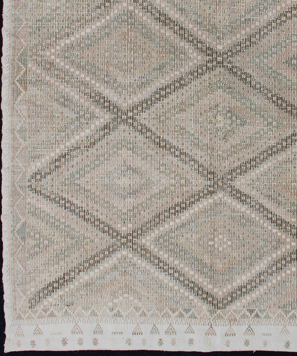 Tan Green, Salmon Vintage Turkish Embroidered Rug With Geometric Diamond Design Embroidered vintage Kilim rug from Turkey in shades of tan, Taupe, light Brown, green and light yellow green with geometric pattern, rug EN - 179003, country of origin... - Keivan Woven ArtsEN - 179003 - 11966Rug