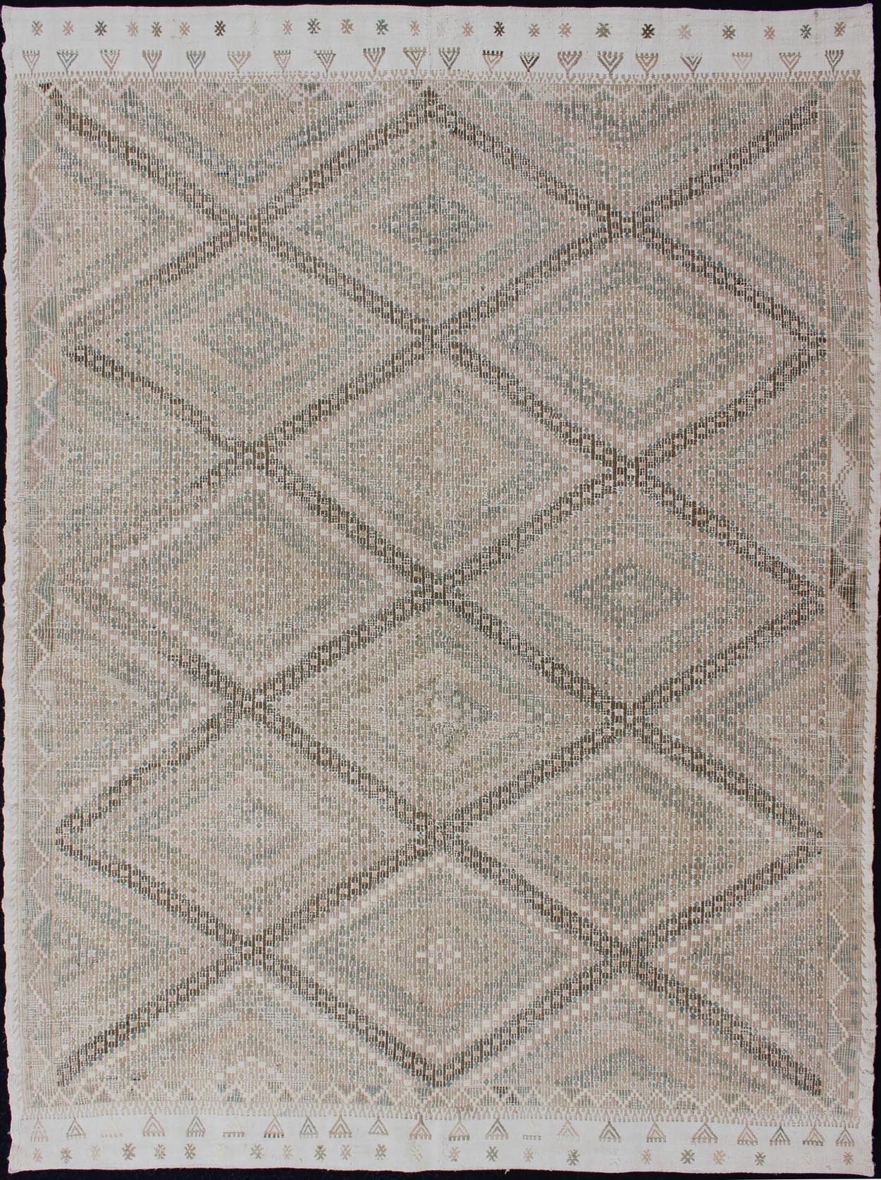 Tan Green, Salmon Vintage Turkish Embroidered Rug With Geometric Diamond Design Embroidered vintage Kilim rug from Turkey in shades of tan, Taupe, light Brown, green and light yellow green with geometric pattern, rug EN - 179003, country of origin... - Keivan Woven ArtsEN - 179003 - 11966Rug