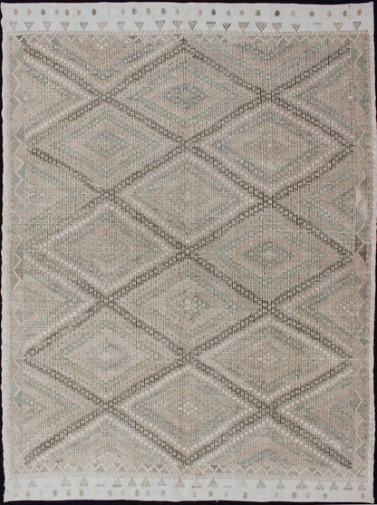 Tan Green, Salmon Vintage Turkish Embroidered Rug With Geometric Diamond Design Embroidered vintage Kilim rug from Turkey in shades of tan, Taupe, light Brown, green and light yellow green with geometric pattern, rug EN - 179003, country of origin... - Keivan Woven ArtsEN - 179003 - 11966Rug