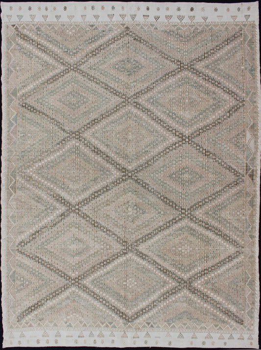 Tan Green, Salmon Vintage Turkish Embroidered Rug With Geometric Diamond Design Embroidered vintage Kilim rug from Turkey in shades of tan, Taupe, light Brown, green and light yellow green with geometric pattern, rug EN - 179003, country of origin... - Keivan Woven ArtsEN - 179003 - 11966Rug