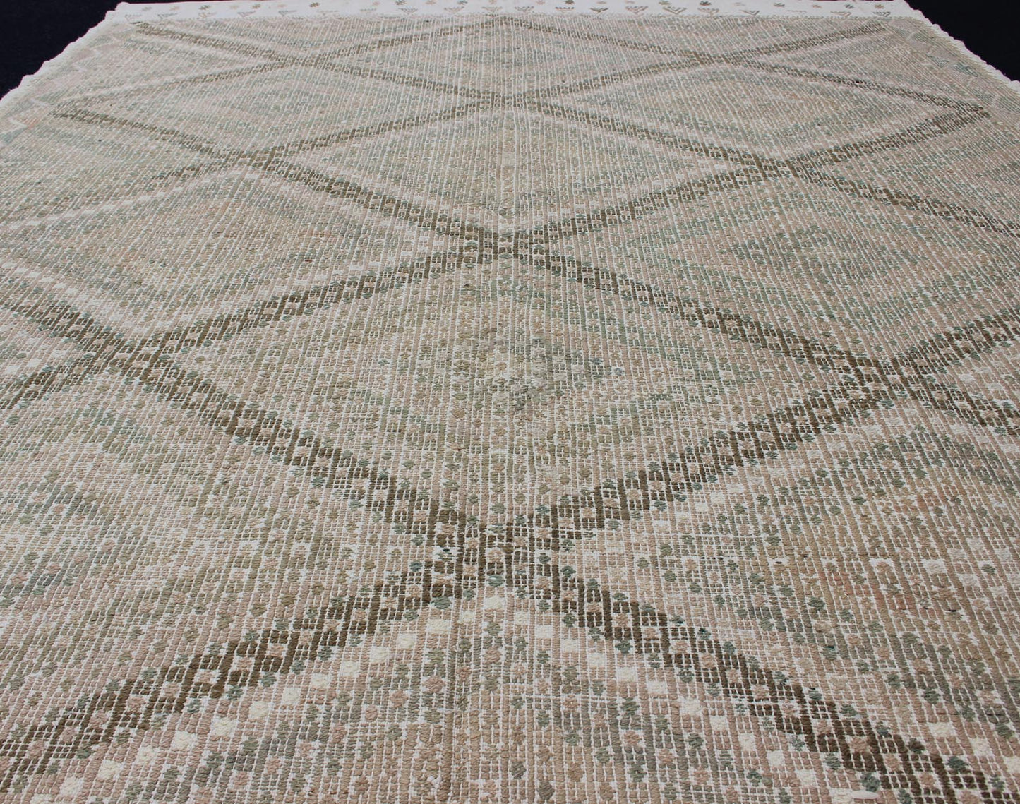 Tan Green, Salmon Vintage Turkish Embroidered Rug With Geometric Diamond Design Embroidered vintage Kilim rug from Turkey in shades of tan, Taupe, light Brown, green and light yellow green with geometric pattern, rug EN - 179003, country of origin... - Keivan Woven ArtsEN - 179003 - 11966Rug