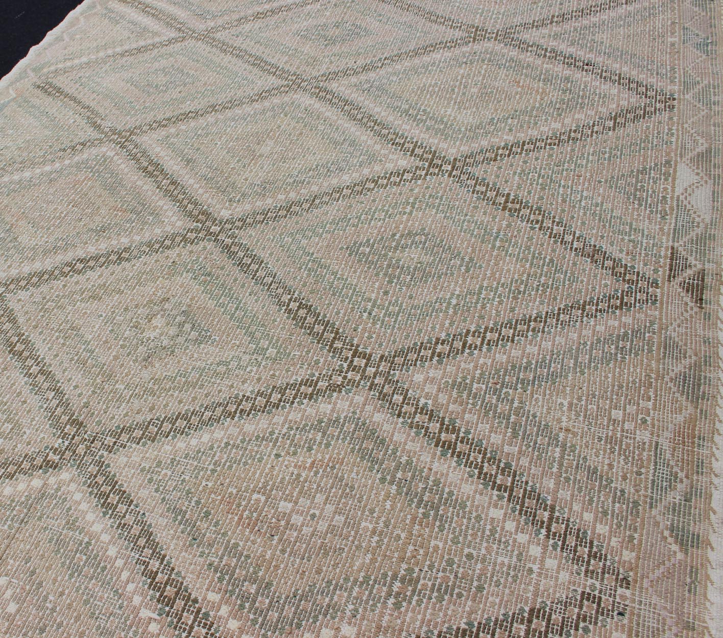 Tan Green, Salmon Vintage Turkish Embroidered Rug With Geometric Diamond Design Embroidered vintage Kilim rug from Turkey in shades of tan, Taupe, light Brown, green and light yellow green with geometric pattern, rug EN - 179003, country of origin... - Keivan Woven ArtsEN - 179003 - 11966Rug