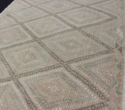 Tan Green, Salmon Vintage Turkish Embroidered Rug With Geometric Diamond Design Embroidered vintage Kilim rug from Turkey in shades of tan, Taupe, light Brown, green and light yellow green with geometric pattern, rug EN - 179003, country of origin... - Keivan Woven ArtsEN - 179003 - 11966Rug