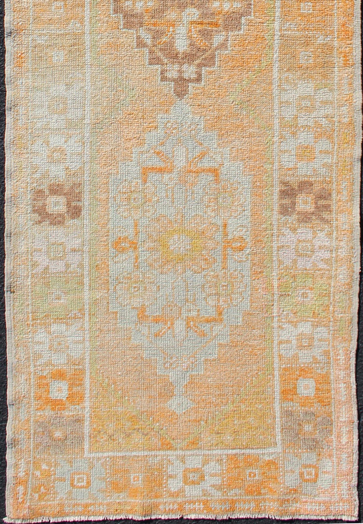 Antique Turkish Oushak Runner With Geometric Medallions in Light Blue , Orange. Orange, Light Blue, Yellow, light Brown, light gray blue, light green and multi colors vintage Turkish Oushak runner with Geometric medallions, rug EN - 179008, country ... - Keivan Woven ArtsEN - 179008 - 12345Rug