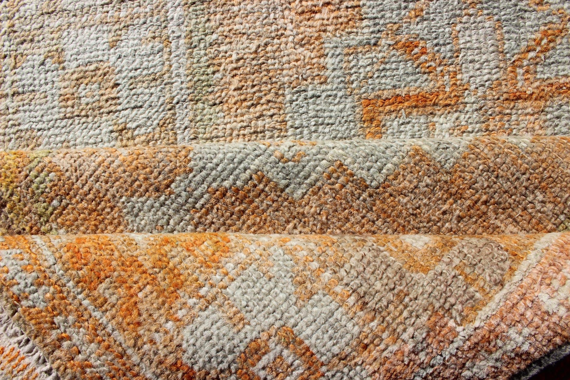 Antique Turkish Oushak Runner With Geometric Medallions in Light Blue , Orange. Orange, Light Blue, Yellow, light Brown, light gray blue, light green and multi colors vintage Turkish Oushak runner with Geometric medallions, rug EN - 179008, country ... - Keivan Woven ArtsEN - 179008 - 12345Rug