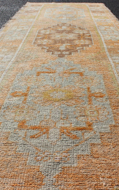 Antique Turkish Oushak Runner With Geometric Medallions in Light Blue , Orange. Orange, Light Blue, Yellow, light Brown, light gray blue, light green and multi colors vintage Turkish Oushak runner with Geometric medallions, rug EN - 179008, country ... - Keivan Woven ArtsEN - 179008 - 12345Rug