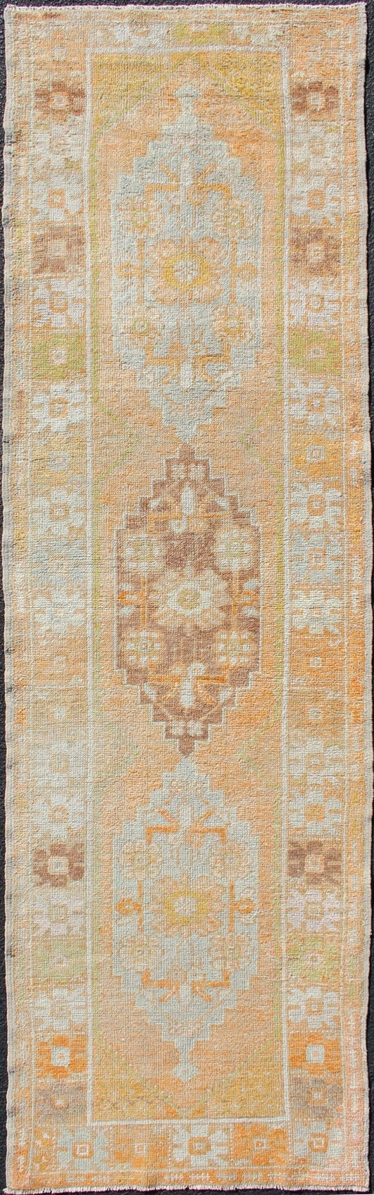 Antique Turkish Oushak Runner With Geometric Medallions in Light Blue , Orange. Orange, Light Blue, Yellow, light Brown, light gray blue, light green and multi colors vintage Turkish Oushak runner with Geometric medallions, rug EN - 179008, country ... - Keivan Woven ArtsEN - 179008 - 12345Rug