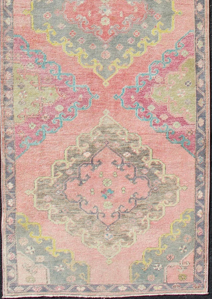 Colorful Vintage Turkish Oushak Runner with Four Medallion Design in Muted Colors. Measures: 3'4 x 12'3. This vintage Turkish Oushak runner features four layered medallions expanding across the central field. The surrounding border featu... - Keivan Woven ArtsEN - 179063 - 12349Rug