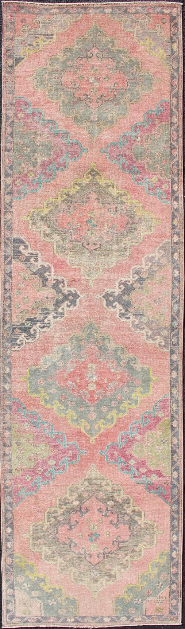 Colorful Vintage Turkish Oushak Runner with Four Medallion Design in Muted Colors. Measures: 3'4 x 12'3. This vintage Turkish Oushak runner features four layered medallions expanding across the central field. The surrounding border featu... - Keivan Woven ArtsEN - 179063 - 12349Rug