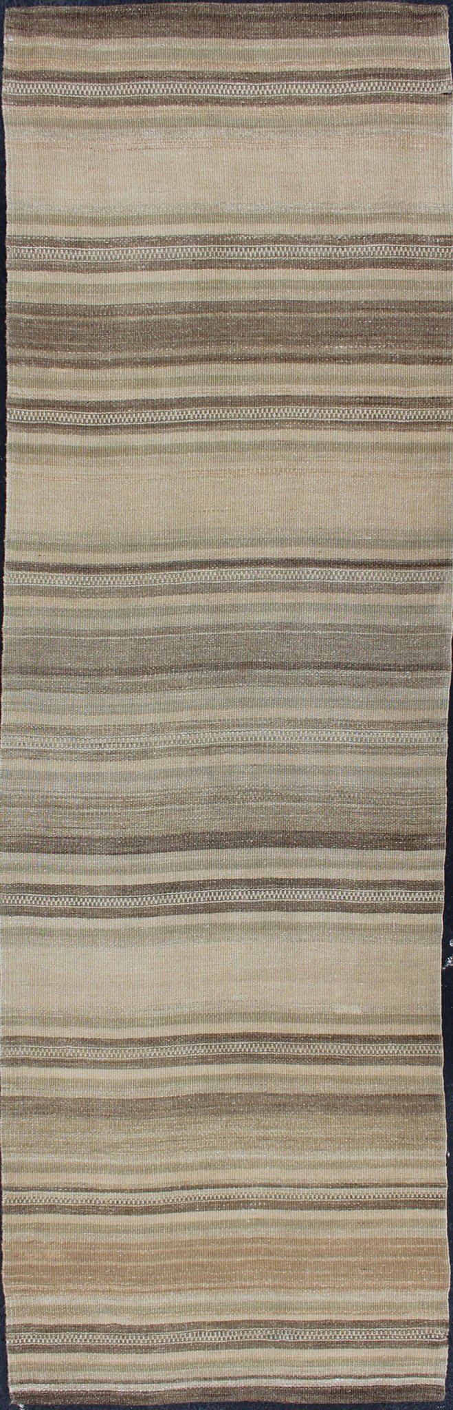 Striped Design Vintage Turkish Hand Woven Flat - Weave Runner With Minimalist Vintage Kilim runner from Turkey with stripes, Keivan Woven Arts / rug EN - 179070, country of origin / type: Turkey / Kilim, circa 1960 This softly striped - design ... - Keivan Woven ArtsEN - 179070 - 11883Rug
