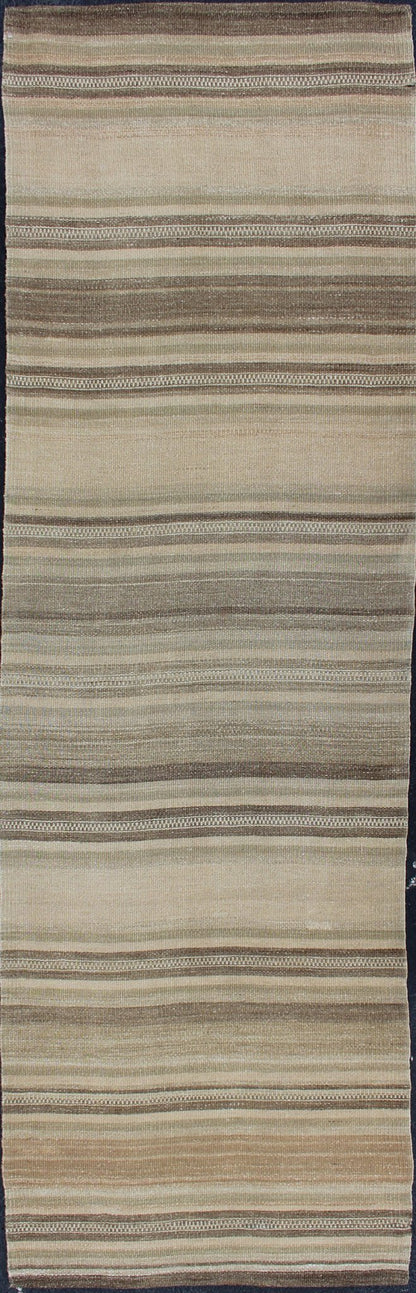 Striped Design Vintage Turkish Hand Woven Flat - Weave Runner With Minimalist Vintage Kilim runner from Turkey with stripes, Keivan Woven Arts / rug EN - 179070, country of origin / type: Turkey / Kilim, circa 1960 This softly striped - design ... - Keivan Woven ArtsEN - 179070 - 11883Rug