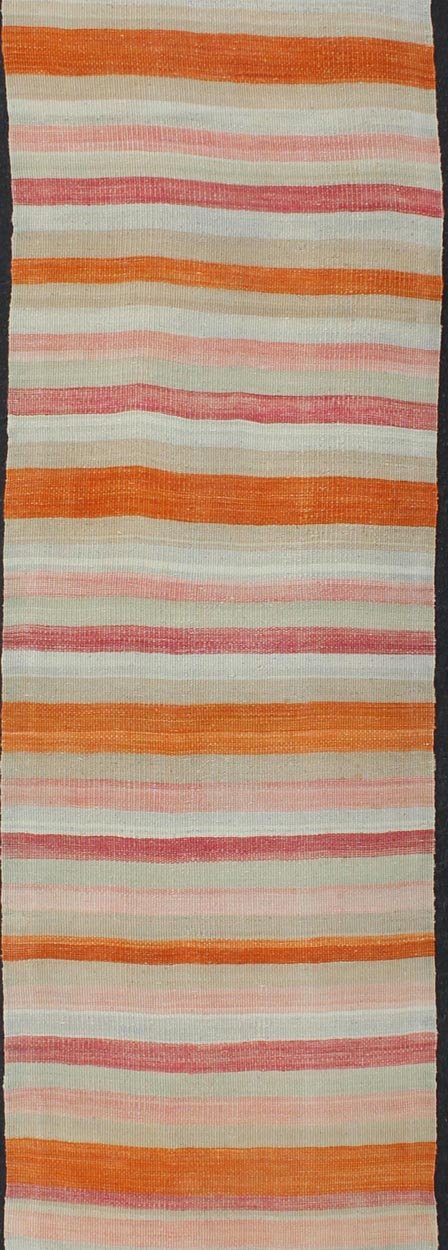 Vintage Kilim Runner Turkish in Multi Color in Stripe Design Multicolored vintage Turkish Kilim rug with horizontal stripes in orange, taupe, ivory, charcoal, and rust. Keivan Woven Arts / rug/EN - 179071, country of origin / type: Turkey / Kilim,... - Keivan Woven ArtsEN - 179071 - 11980Rug