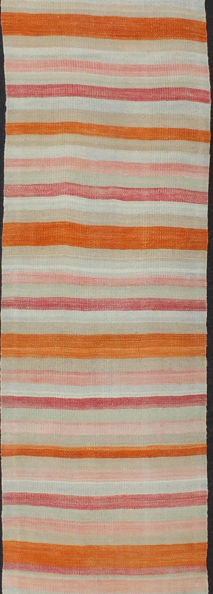 Vintage Kilim Runner Turkish in Multi Color in Stripe Design Multicolored vintage Turkish Kilim rug with horizontal stripes in orange, taupe, ivory, charcoal, and rust. Keivan Woven Arts / rug/EN - 179071, country of origin / type: Turkey / Kilim,... - Keivan Woven ArtsEN - 179071 - 11980Rug