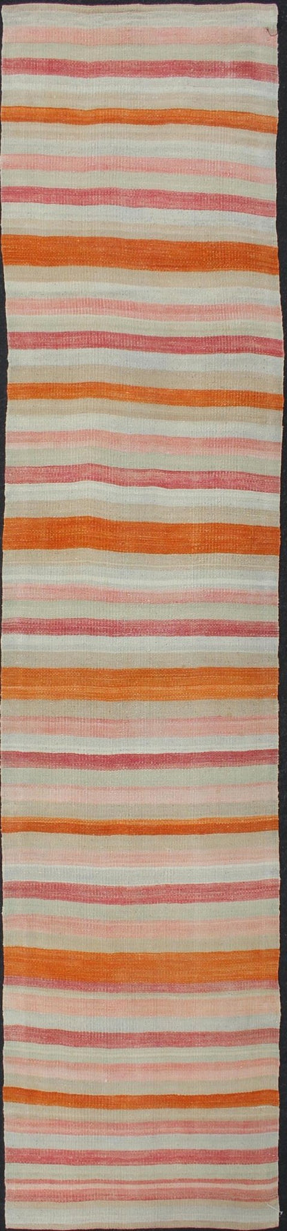 Vintage Kilim Runner Turkish in Multi Color in Stripe Design Multicolored vintage Turkish Kilim rug with horizontal stripes in orange, taupe, ivory, charcoal, and rust. Keivan Woven Arts / rug/EN - 179071, country of origin / type: Turkey / Kilim,... - Keivan Woven ArtsEN - 179071 - 11980Rug