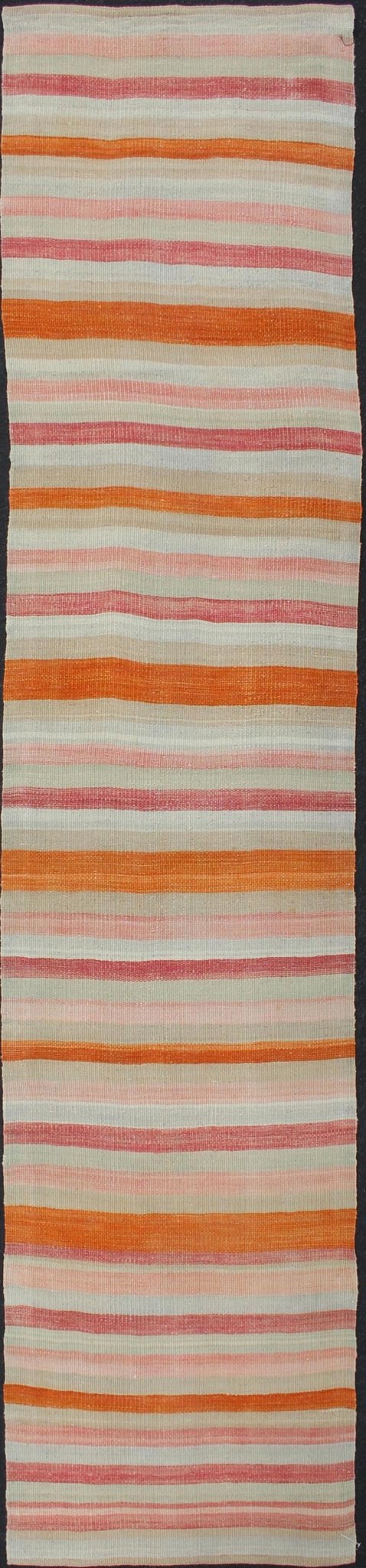 Vintage Kilim Runner Turkish in Multi Color in Stripe Design Multicolored vintage Turkish Kilim rug with horizontal stripes in orange, taupe, ivory, charcoal, and rust. Keivan Woven Arts / rug/EN - 179071, country of origin / type: Turkey / Kilim,... - Keivan Woven ArtsEN - 179071 - 11980Rug