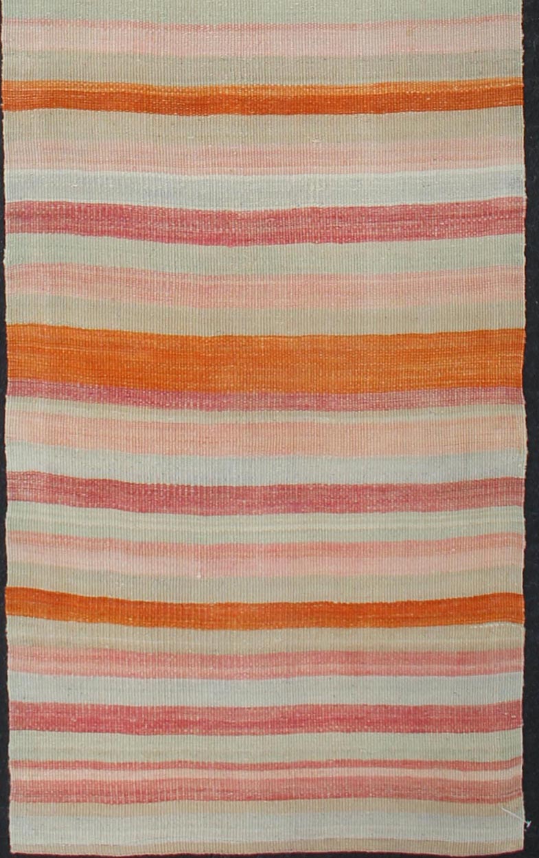 Vintage Kilim Runner Turkish in Multi Color in Stripe Design Multicolored vintage Turkish Kilim rug with horizontal stripes in orange, taupe, ivory, charcoal, and rust. Keivan Woven Arts / rug/EN - 179071, country of origin / type: Turkey / Kilim,... - Keivan Woven ArtsEN - 179071 - 11980Rug
