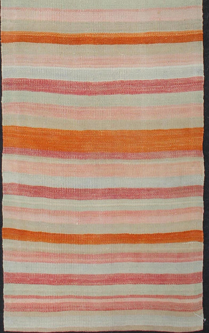 Vintage Kilim Runner Turkish in Multi Color in Stripe Design Multicolored vintage Turkish Kilim rug with horizontal stripes in orange, taupe, ivory, charcoal, and rust. Keivan Woven Arts / rug/EN - 179071, country of origin / type: Turkey / Kilim,... - Keivan Woven ArtsEN - 179071 - 11980Rug