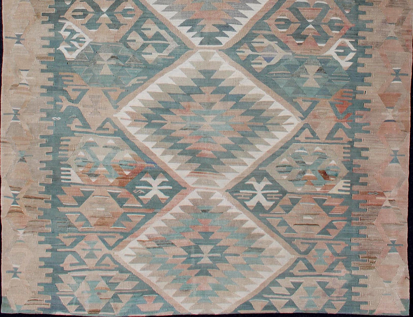 Geometric Design Vintage Turkish Tribal Flat - Weave Rug in Teal and Neutrals. Geometric design vintage Kilim rug from Turkey in light Teal and tan, light green neutral tones, rug EN - 179073, country of origin / type: Turkey / Kilim, circa 1950. ... - Keivan Woven ArtsEN - 179073 - 12751Rug