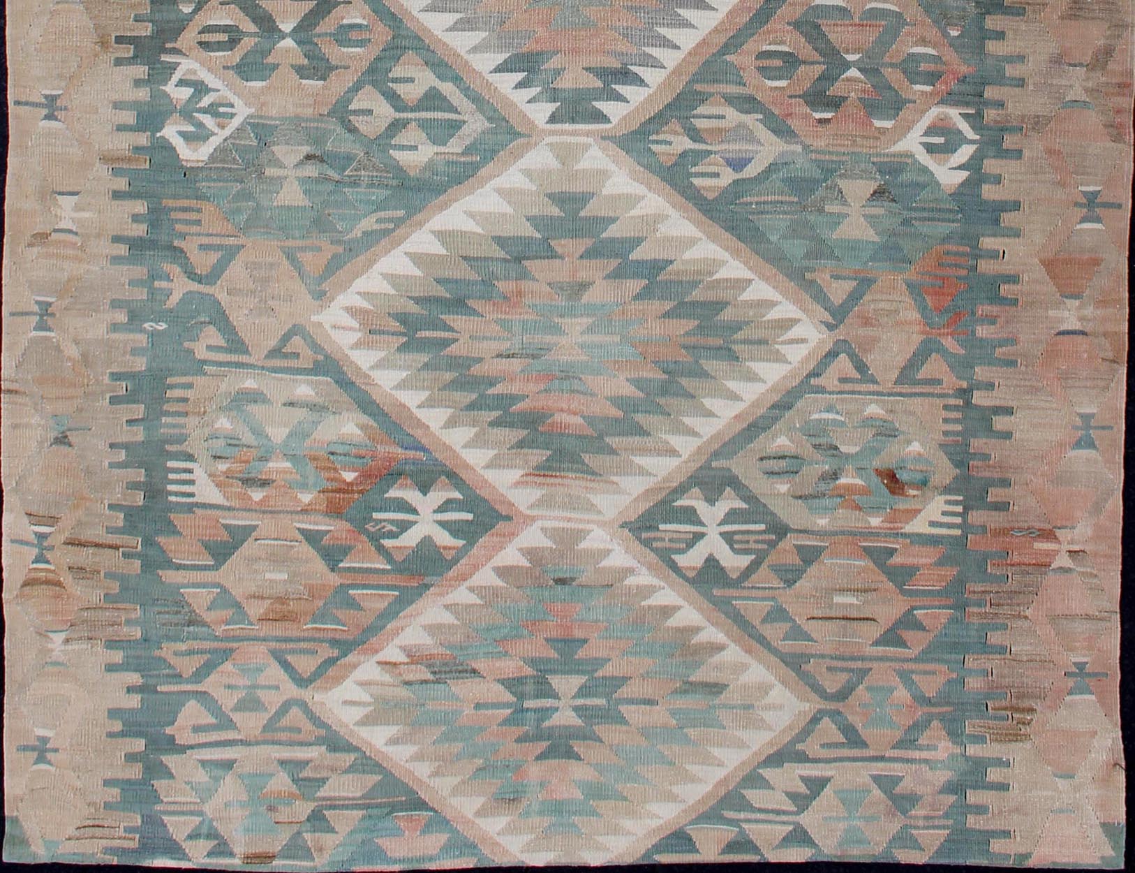 Geometric Design Vintage Turkish Tribal Flat - Weave Rug in Teal and Neutrals. Geometric design vintage Kilim rug from Turkey in light Teal and tan, light green neutral tones, rug EN - 179073, country of origin / type: Turkey / Kilim, circa 1950. ... - Keivan Woven ArtsEN - 179073 - 12751Rug