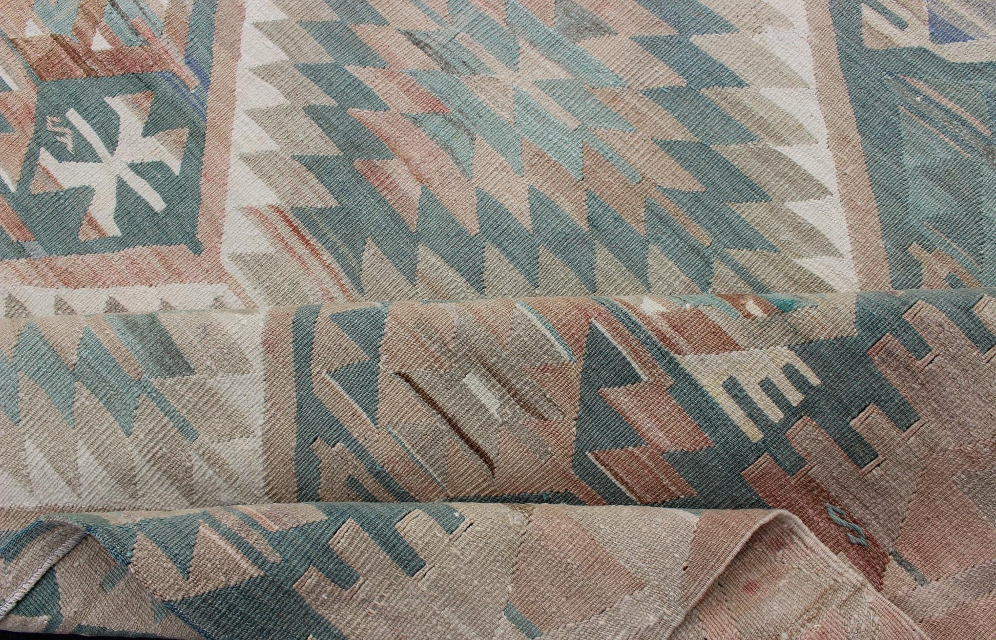 Geometric Design Vintage Turkish Tribal Flat - Weave Rug in Teal and Neutrals. Geometric design vintage Kilim rug from Turkey in light Teal and tan, light green neutral tones, rug EN - 179073, country of origin / type: Turkey / Kilim, circa 1950. ... - Keivan Woven ArtsEN - 179073 - 12751Rug