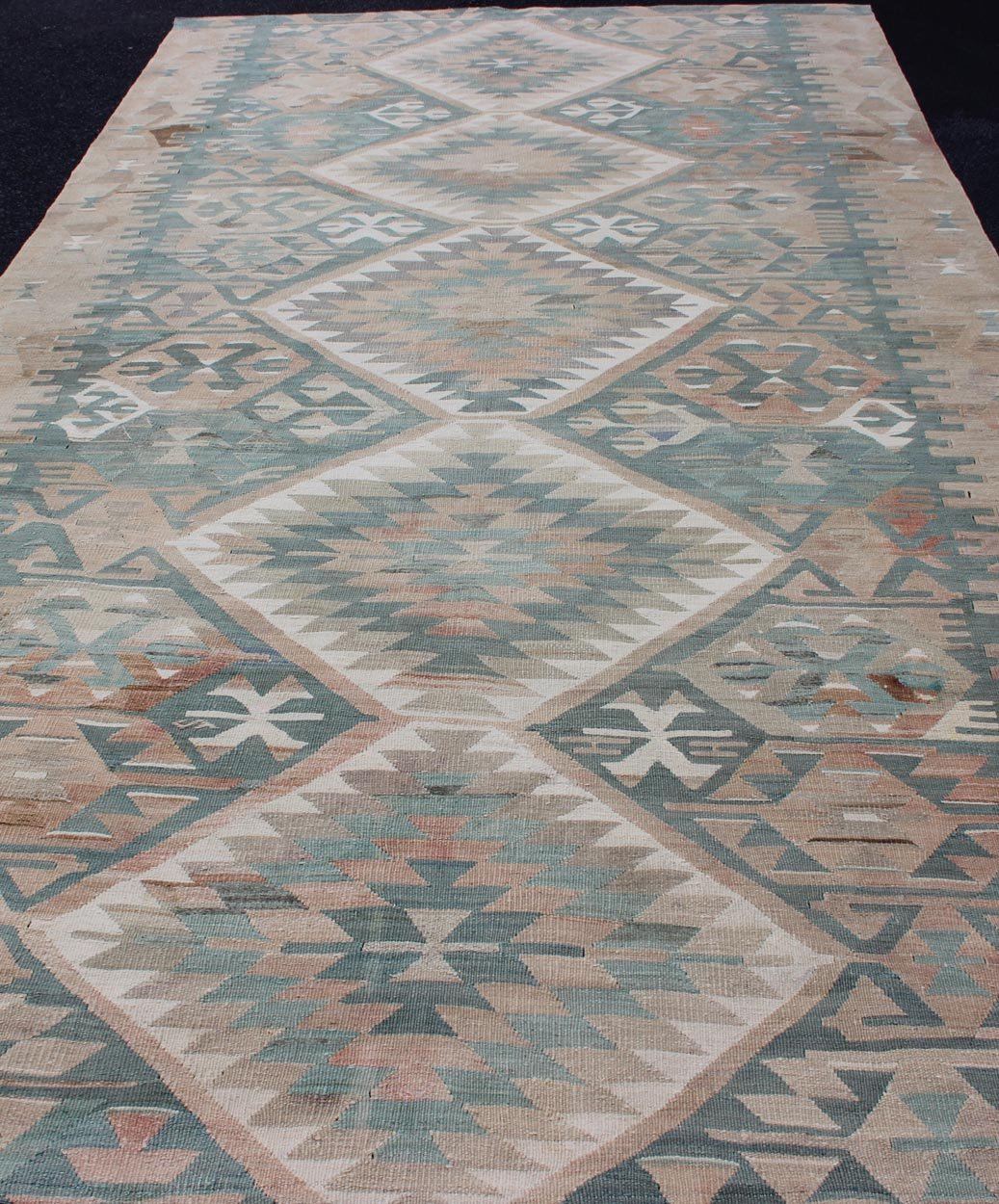 Geometric Design Vintage Turkish Tribal Flat - Weave Rug in Teal and Neutrals. Geometric design vintage Kilim rug from Turkey in light Teal and tan, light green neutral tones, rug EN - 179073, country of origin / type: Turkey / Kilim, circa 1950. ... - Keivan Woven ArtsEN - 179073 - 12751Rug