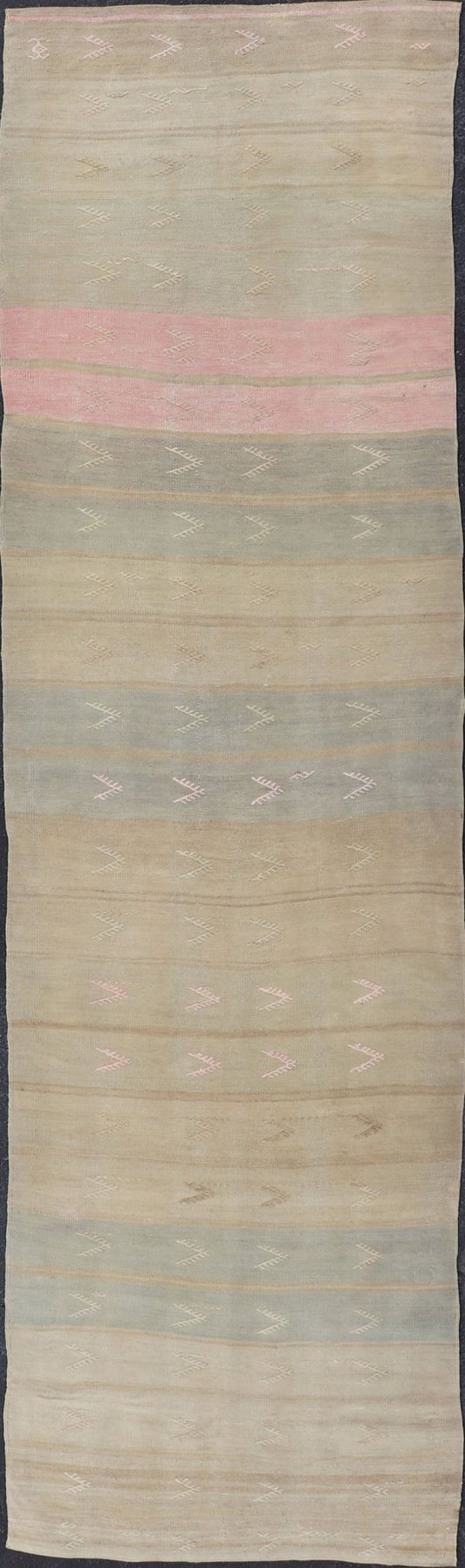 Vintage Kilim Runner with Stripes and Geometric Tribal Motifs in Light Tones. Keivan Woven Arts / rug EN - 179078, country of origin / type: Turkey / Kilim, circa mid - 20th century. Measures: 2'10 x 11'3 This vintage flat - woven kilim runner... - Keivan Woven ArtsEN - 179078 - 15366