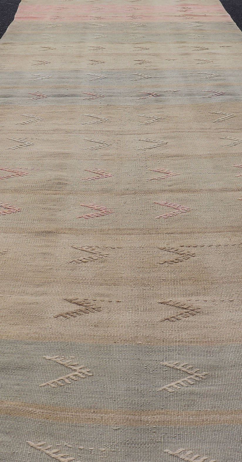 Vintage Kilim Runner with Stripes and Geometric Tribal Motifs in Light Tones. Keivan Woven Arts / rug EN - 179078, country of origin / type: Turkey / Kilim, circa mid - 20th century. Measures: 2'10 x 11'3 This vintage flat - woven kilim runner... - Keivan Woven ArtsEN - 179078 - 15366Rug
