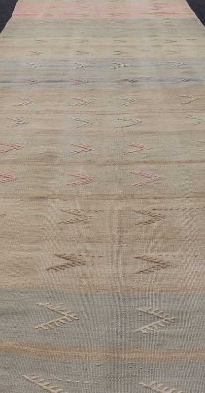 Vintage Kilim Runner with Stripes and Geometric Tribal Motifs in Light Tones. Keivan Woven Arts / rug EN - 179078, country of origin / type: Turkey / Kilim, circa mid - 20th century. Measures: 2'10 x 11'3 This vintage flat - woven kilim runner... - Keivan Woven ArtsEN - 179078 - 15366Rug