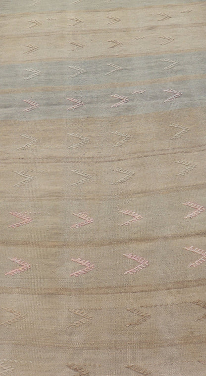 Vintage Kilim Runner with Stripes and Geometric Tribal Motifs in Light Tones. Keivan Woven Arts / rug EN - 179078, country of origin / type: Turkey / Kilim, circa mid - 20th century. Measures: 2'10 x 11'3 This vintage flat - woven kilim runner... - Keivan Woven ArtsEN - 179078 - 15366Rug