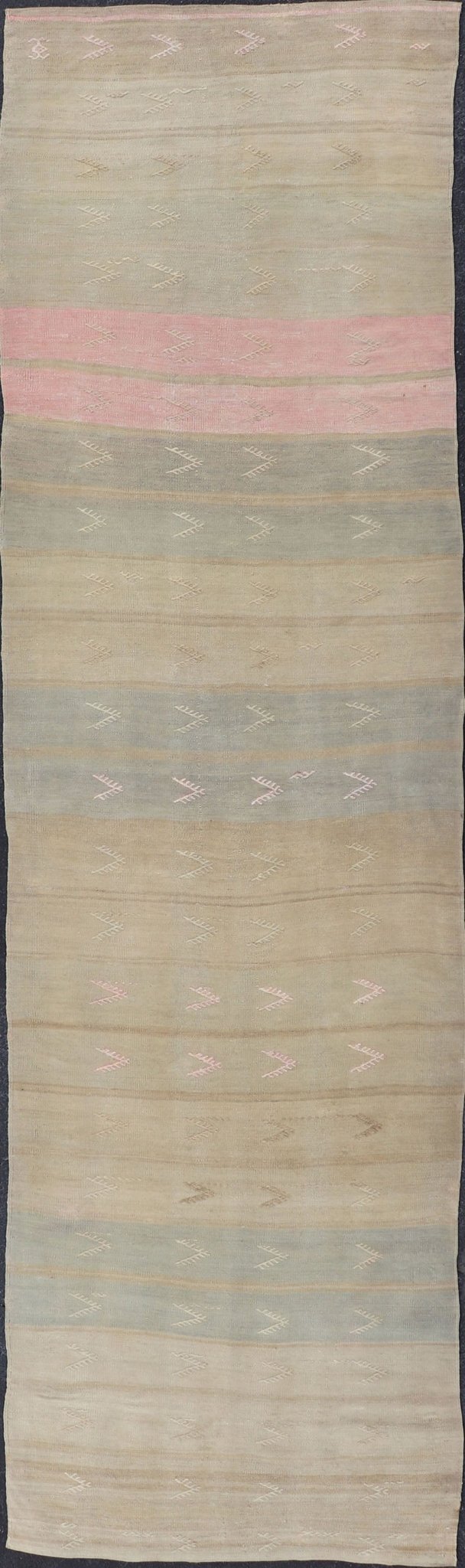Vintage Kilim Runner with Stripes and Geometric Tribal Motifs in Light Tones. Keivan Woven Arts / rug EN - 179078, country of origin / type: Turkey / Kilim, circa mid - 20th century. Measures: 2'10 x 11'3 This vintage flat - woven kilim runner... - Keivan Woven ArtsEN - 179078 - 15366Rug
