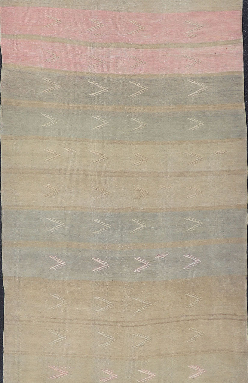 Vintage Kilim Runner with Stripes and Geometric Tribal Motifs in Light Tones. Keivan Woven Arts / rug EN - 179078, country of origin / type: Turkey / Kilim, circa mid - 20th century. Measures: 2'10 x 11'3 This vintage flat - woven kilim runner... - Keivan Woven ArtsEN - 179078 - 15366Rug