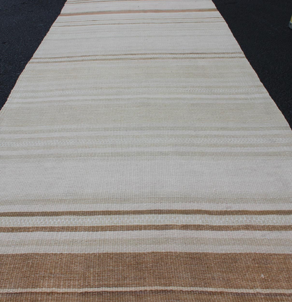 Vintage Turkish Kilim Runner with Stripes in Light Brown and Neutral Tones Stripe design Kilim runner in cream, light green, brown, Keivan Woven Arts / rug EN - 179245, country of origin / type: Turkey / Kilim, circa 1950 This flat - woven Ki... - Keivan Woven ArtsEN - 179080 - 12619Rug
