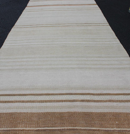 Vintage Turkish Kilim Runner with Stripes in Light Brown and Neutral Tones Stripe design Kilim runner in cream, light green, brown, Keivan Woven Arts / rug EN - 179245, country of origin / type: Turkey / Kilim, circa 1950 This flat - woven Ki... - Keivan Woven ArtsEN - 179080 - 12619Rug