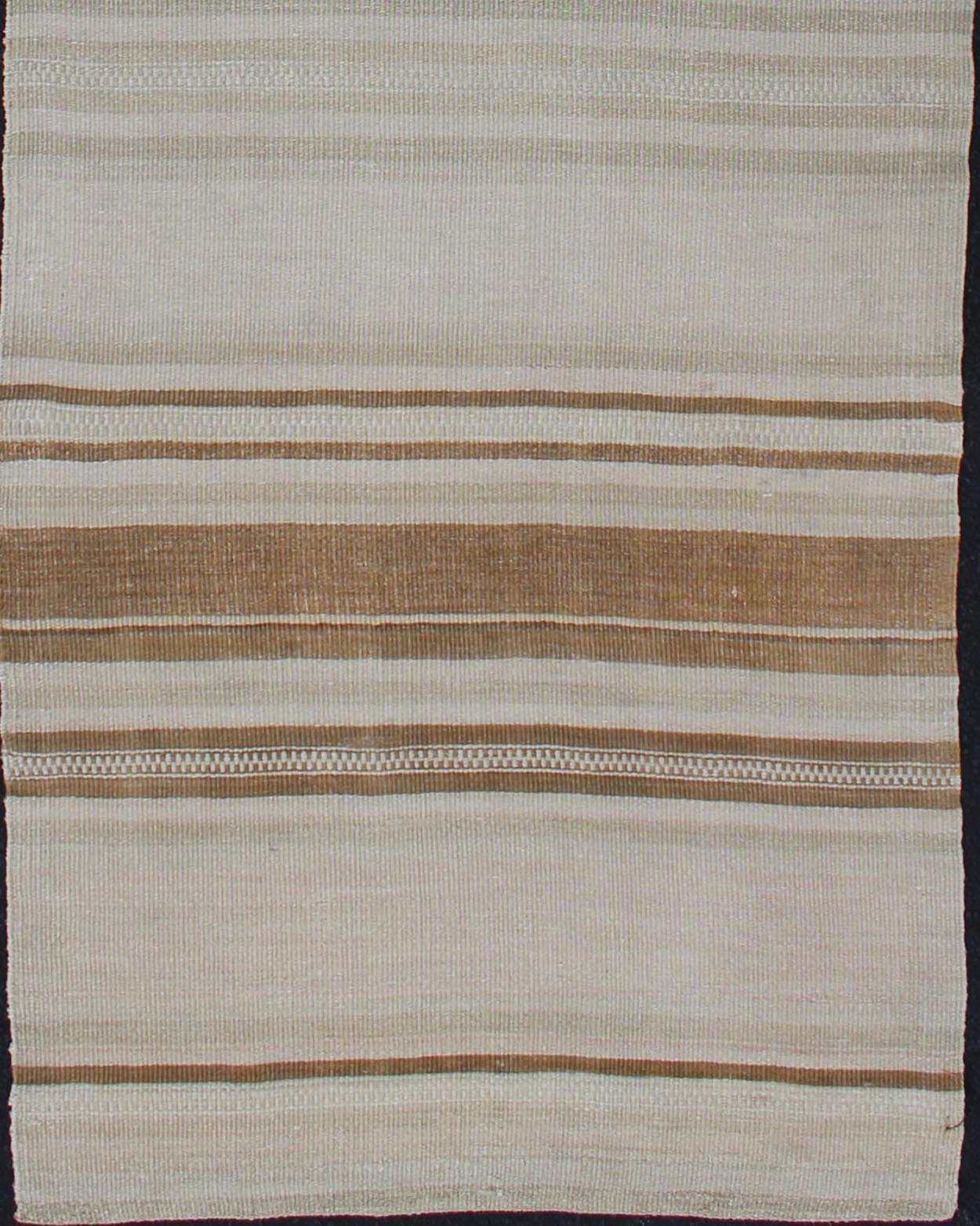 Vintage Turkish Kilim Runner with Stripes in Light Brown and Neutral Tones Stripe design Kilim runner in cream, light green, brown, Keivan Woven Arts / rug EN - 179245, country of origin / type: Turkey / Kilim, circa 1950 This flat - woven Ki... - Keivan Woven ArtsEN - 179080 - 12619Rug