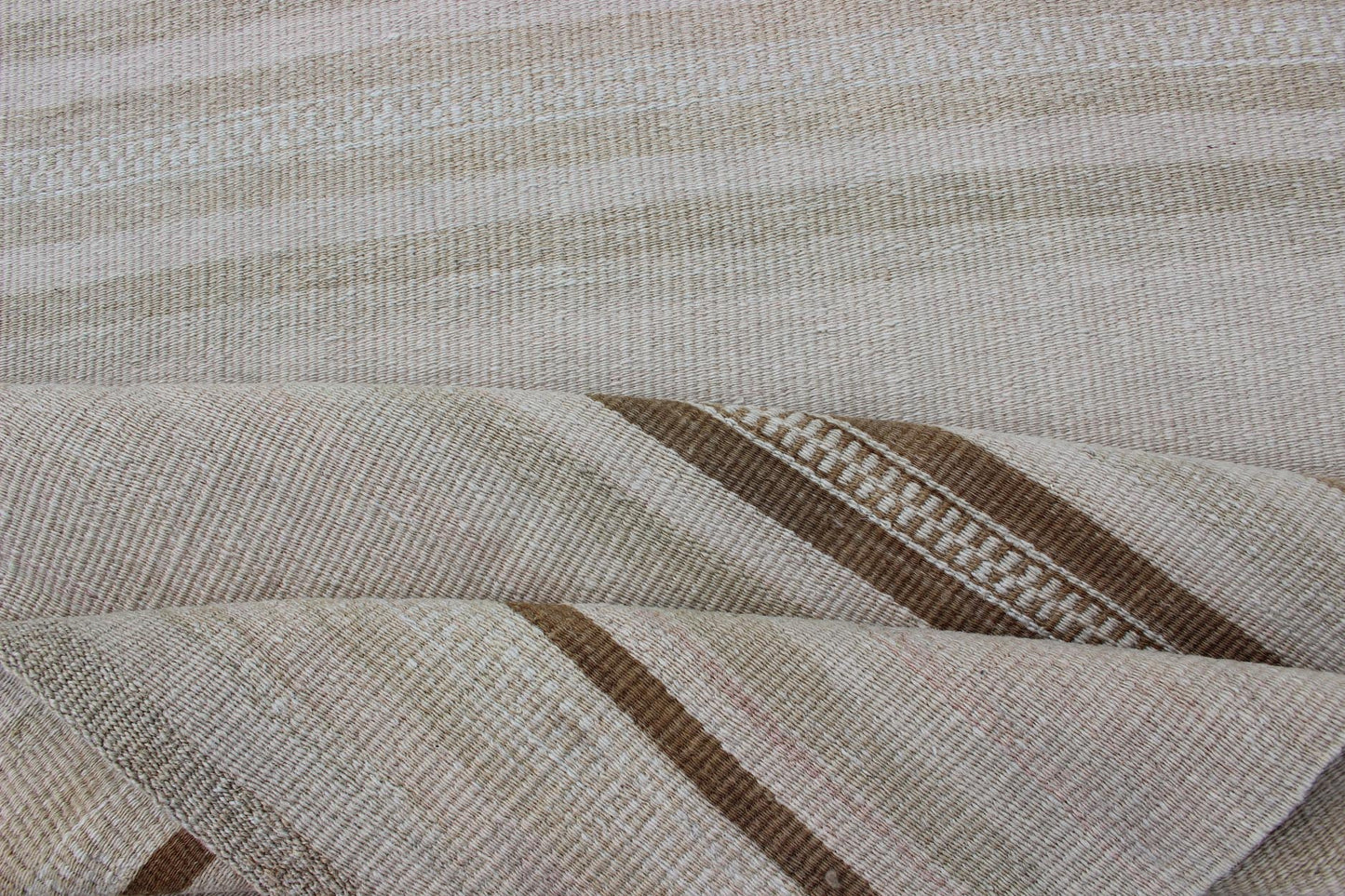 Vintage Turkish Kilim Runner with Stripes in Light Brown and Neutral Tones Stripe design Kilim runner in cream, light green, brown, Keivan Woven Arts / rug EN - 179245, country of origin / type: Turkey / Kilim, circa 1950 This flat - woven Ki... - Keivan Woven ArtsEN - 179080 - 12619Rug