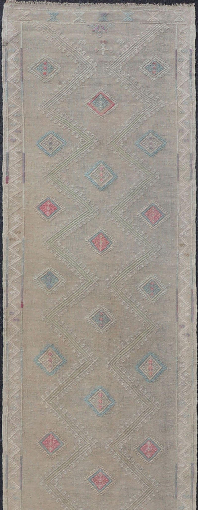 Long Vintage Kilim Embroidered Turkish Runner with Diamond Design Long Vintage Kilim Embroidered Turkish Runner with Diamond Design. Keivan Woven Arts. rug EN - 179089 country of origin / type: Turkey / Kilim, circa mid - 20th century. Turkish K... - Keivan Woven ArtsEN - 179089 - 17556Rug