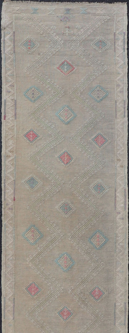 Long Vintage Kilim Embroidered Turkish Runner with Diamond Design Long Vintage Kilim Embroidered Turkish Runner with Diamond Design. Keivan Woven Arts. rug EN - 179089 country of origin / type: Turkey / Kilim, circa mid - 20th century. Turkish K... - Keivan Woven ArtsEN - 179089 - 17556Rug