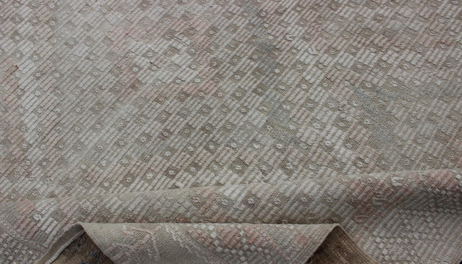 Vintage Turkish Embroidered Rug with Geometric Diamond Design in Neutral Tones Embroidered vintage Kilim rug from Turkey in shades of tan, taupe, cream, and light blue with geometric pattern, Keivan Woven Arts / rug EN - 179100, country of origin... - Keivan Woven ArtsEN - 179100 - 12761Rug