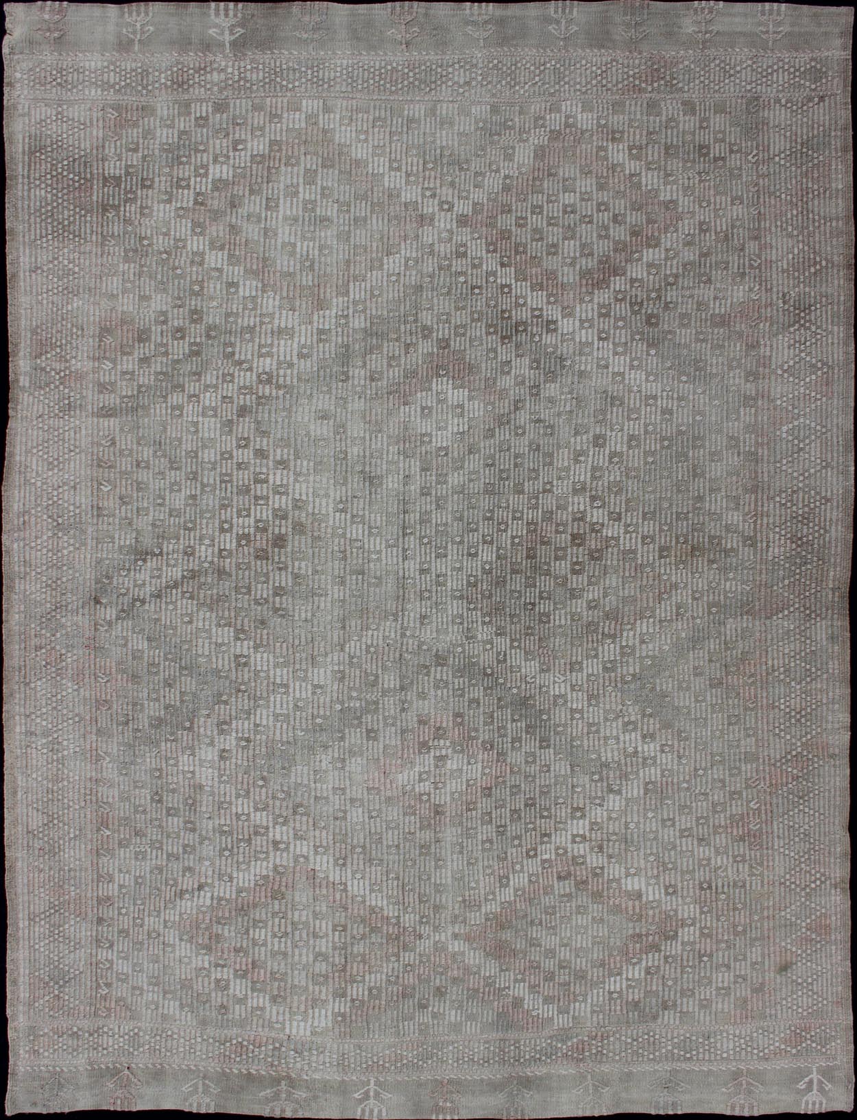 Vintage Turkish Embroidered Rug with Geometric Diamond Design in Neutral Tones Embroidered vintage Kilim rug from Turkey in shades of tan, taupe, cream, and light blue with geometric pattern, Keivan Woven Arts / rug EN - 179100, country of origin... - Keivan Woven ArtsEN - 179100 - 12761Rug