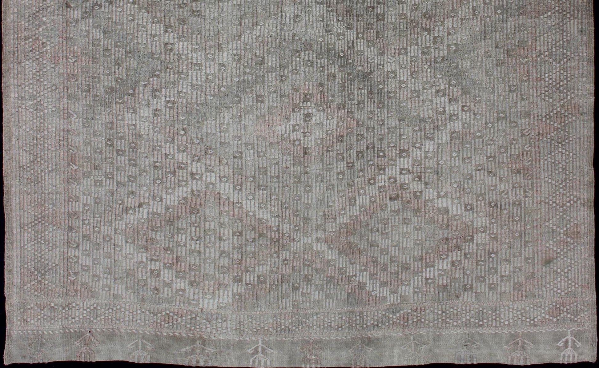 Vintage Turkish Embroidered Rug with Geometric Diamond Design in Neutral Tones Embroidered vintage Kilim rug from Turkey in shades of tan, taupe, cream, and light blue with geometric pattern, Keivan Woven Arts / rug EN - 179100, country of origin... - Keivan Woven ArtsEN - 179100 - 12761Rug