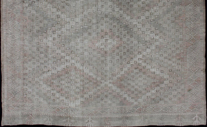 Vintage Turkish Embroidered Rug with Geometric Diamond Design in Neutral Tones Embroidered vintage Kilim rug from Turkey in shades of tan, taupe, cream, and light blue with geometric pattern, Keivan Woven Arts / rug EN - 179100, country of origin... - Keivan Woven ArtsEN - 179100 - 12761Rug