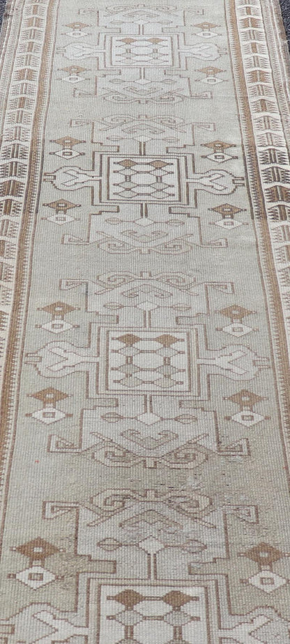 Measures: 2'10 x 10'0 Vintage Turkish Oushak Runner in Neutral Tones, Taupe, Gray, Cream, and Brown. Keivan Woven Arts / rug EN - 179108, country of origin / type: Turkey / Oushak, circa mid - 20th. This vintage Oushak carpet from mid - 20th century T... - Keivan Woven ArtsEN - 179108 - 21943Rug