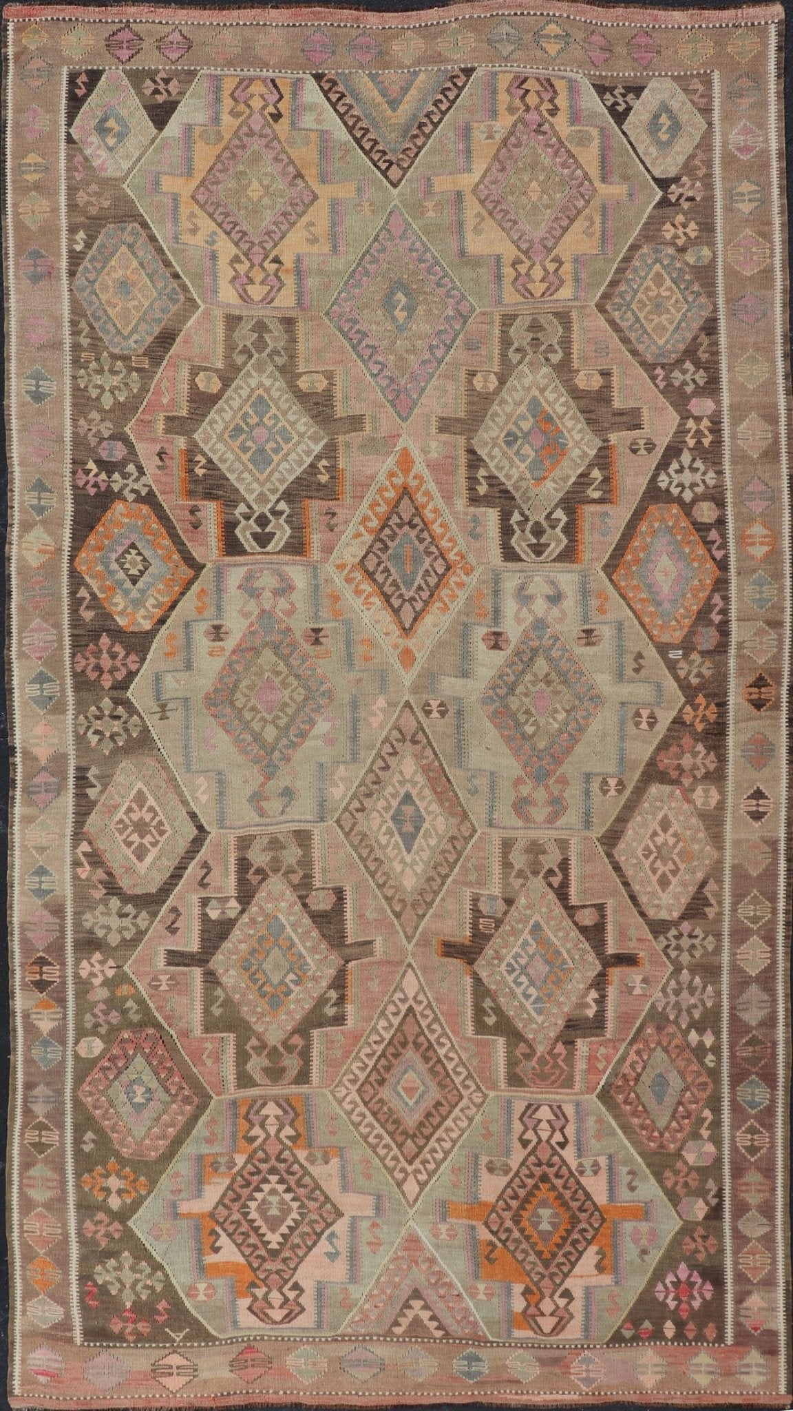 Large Vintage Turkish Kars Kilim with Multi Layered Diamond in Geometric Design Large Vintage Turkish Kars Kilim with Multi Layered Diamond in Geometric Design. Keivan Woven Arts / rug EN - 179170, country of origin / type: Turkey / Oushak, circa... - Keivan Woven ArtsEN - 179170 - 17562Rug