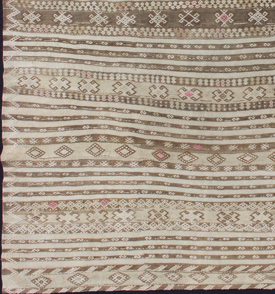 Tan and Pink Vintage Turkish Kilim Hand Woven in Wool Turkish Kilim vintage rug with assorted stripe design in a variety of colors, Keivan Woven Arts / rug en - 179230 country of origin / type: Turkey / Kilim, circa mid - 20th century. Featu... - Keivan Woven ArtsEN - 179230 - 12765Rug