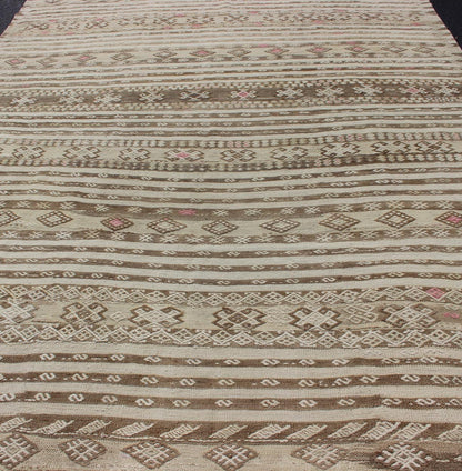 Tan and Pink Vintage Turkish Kilim Hand Woven in Wool Turkish Kilim vintage rug with assorted stripe design in a variety of colors, Keivan Woven Arts / rug en - 179230 country of origin / type: Turkey / Kilim, circa mid - 20th century. Featu... - Keivan Woven ArtsEN - 179230 - 12765Rug