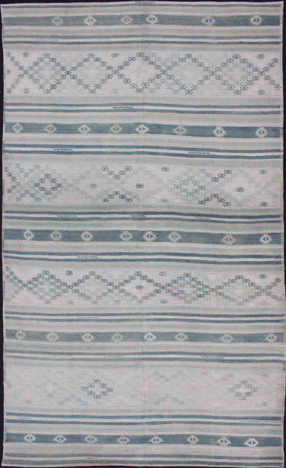 Flat - Weave Kilim with Embroideries in Taupe, Green, Blue and Gray Vintage flat - weave Kilim with embroideries in blush, green, blue and gray with a modern design geometric stripe design Vintage Kilim from Turkey, rug en - 179236, Keivan Woven A... - Keivan Woven ArtsEN - 179236 - 11807Rug