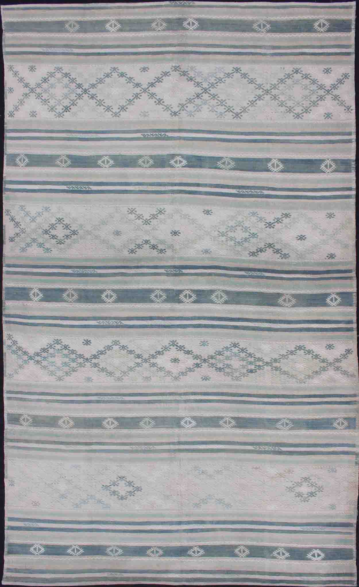 Flat - Weave Kilim with Embroideries in Taupe, Green, Blue and Gray Vintage flat - weave Kilim with embroideries in blush, green, blue and gray with a modern design geometric stripe design Vintage Kilim from Turkey, rug en - 179236, Keivan Woven A... - Keivan Woven ArtsEN - 179236 - 11807